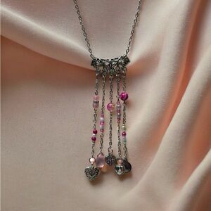 Hand Crafted Silver-Tone Pink Bead Multi-Drop Necklace